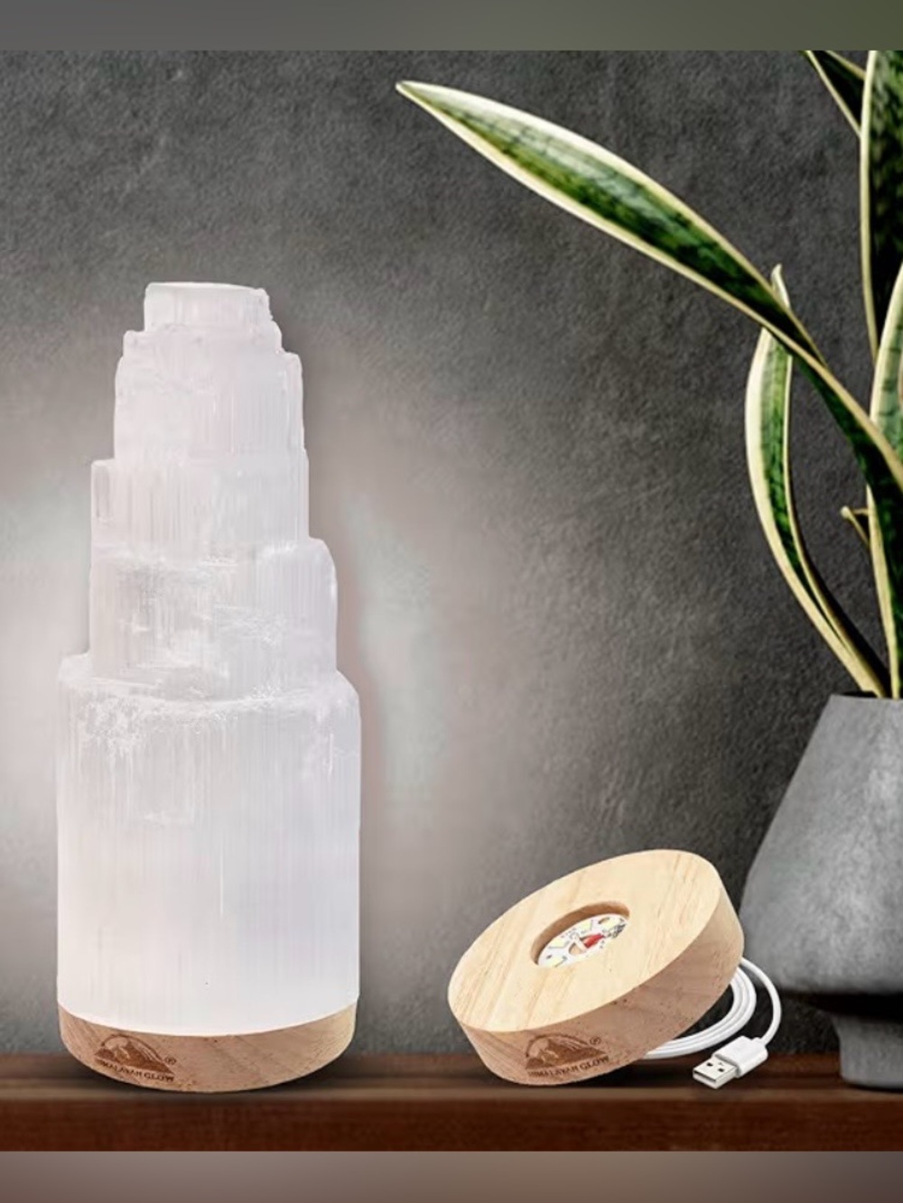 Selenite Tower Crystal Lamp & Dimmable White Light Wooden Base